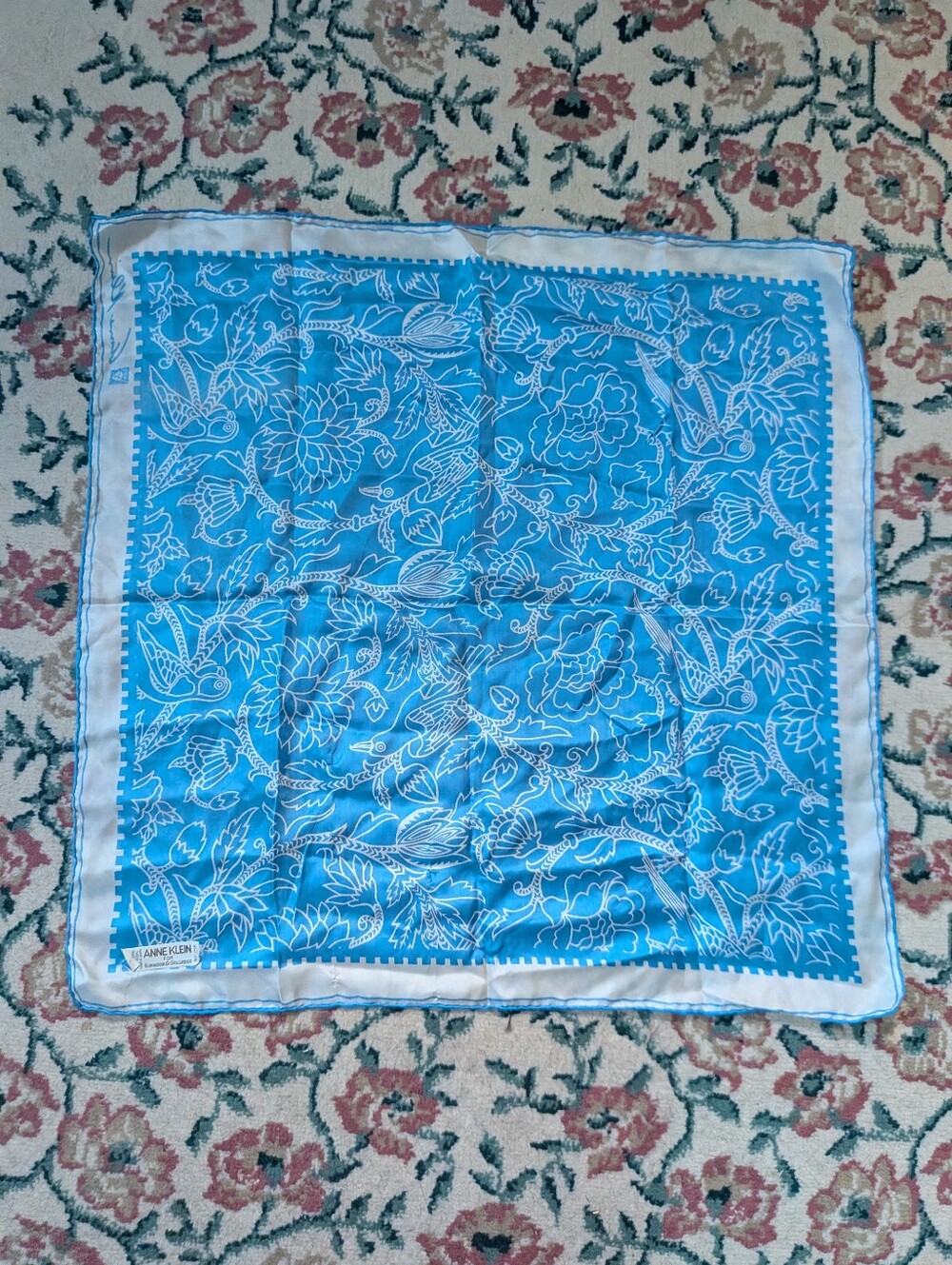Vintage Anne Klein Bird Silk Scarf Blue And White